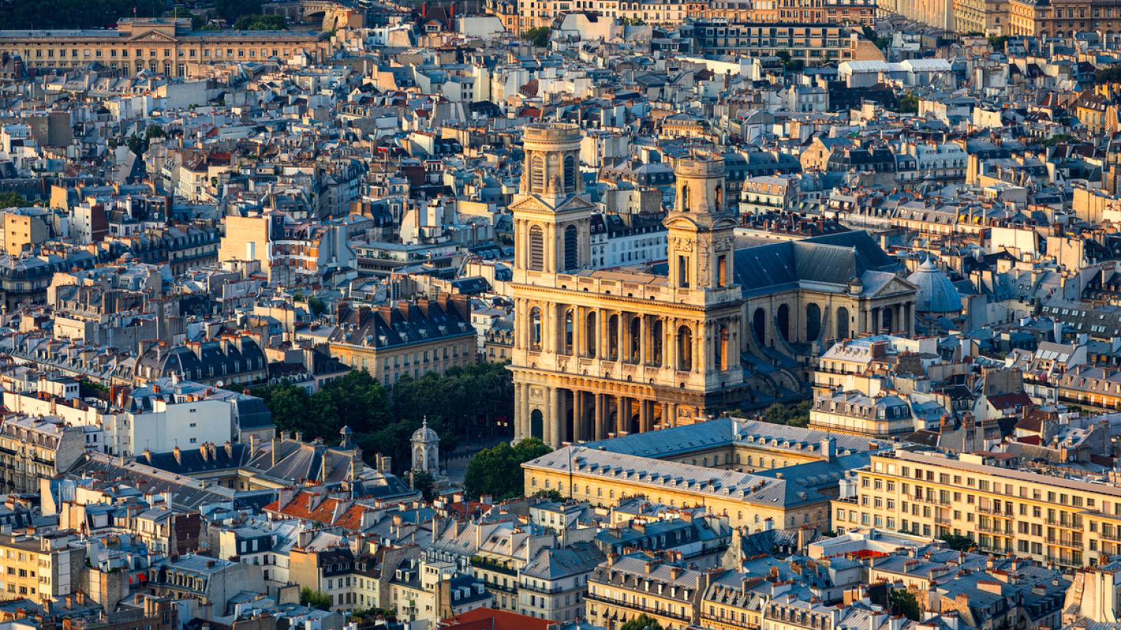 View from the sky of the Saint Sulpice Church in Saint Germain de Près that you will dis