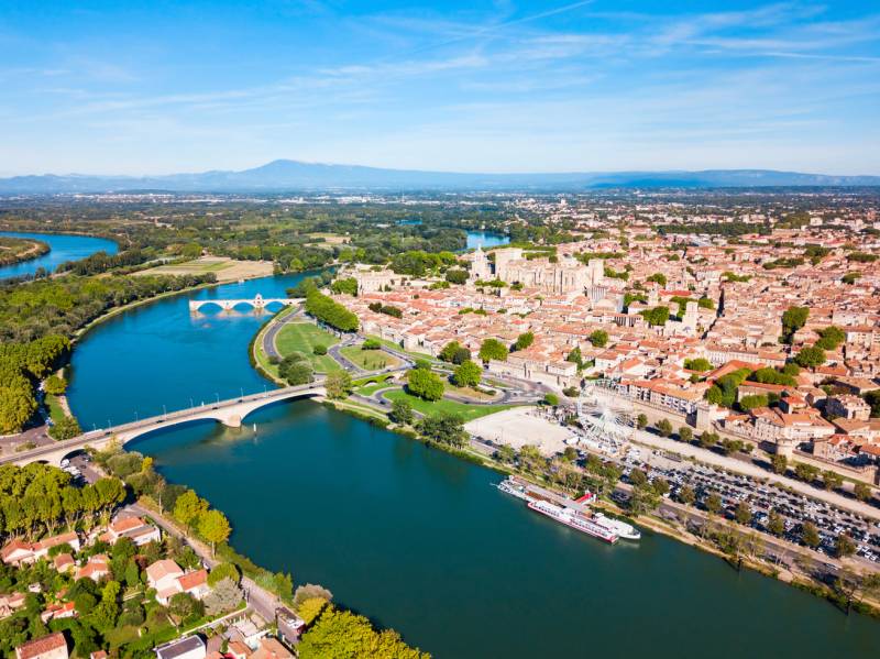 View from the sky of the city of Avignon with the Rhone River