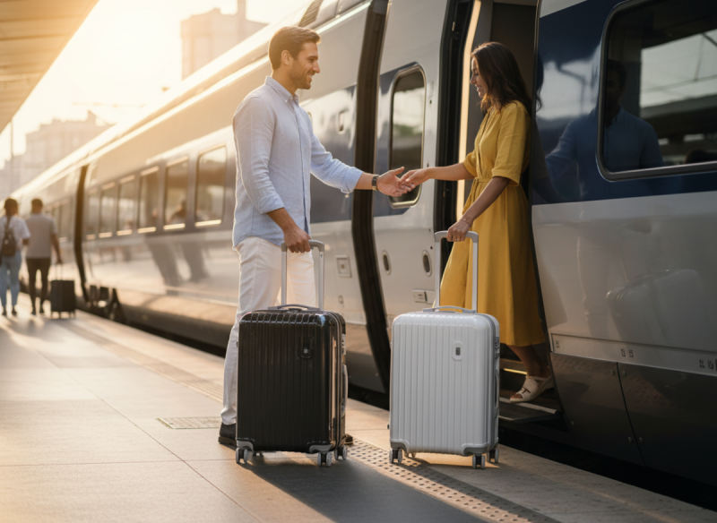 Greeter helping a woman go down with her luggage in a Train in Paris