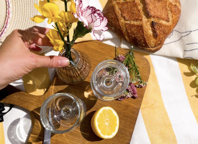 flower, lemon and glasses picnic set in the vineyards in Provence