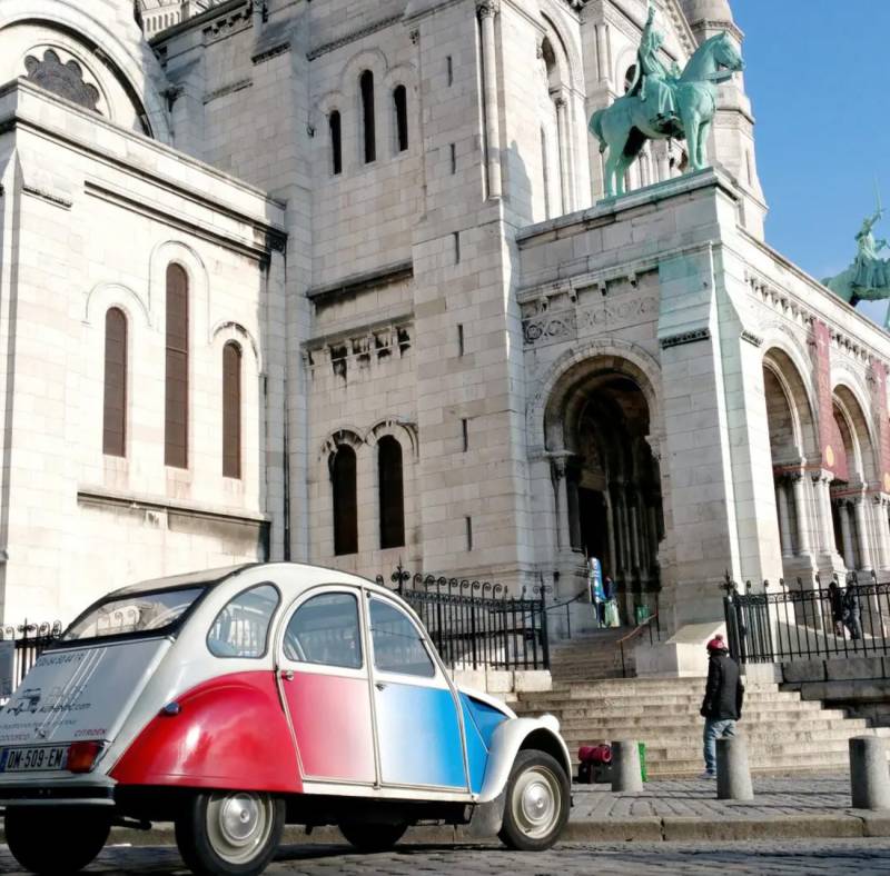 2CV Car in front of Basilique Notre Dame in Paris