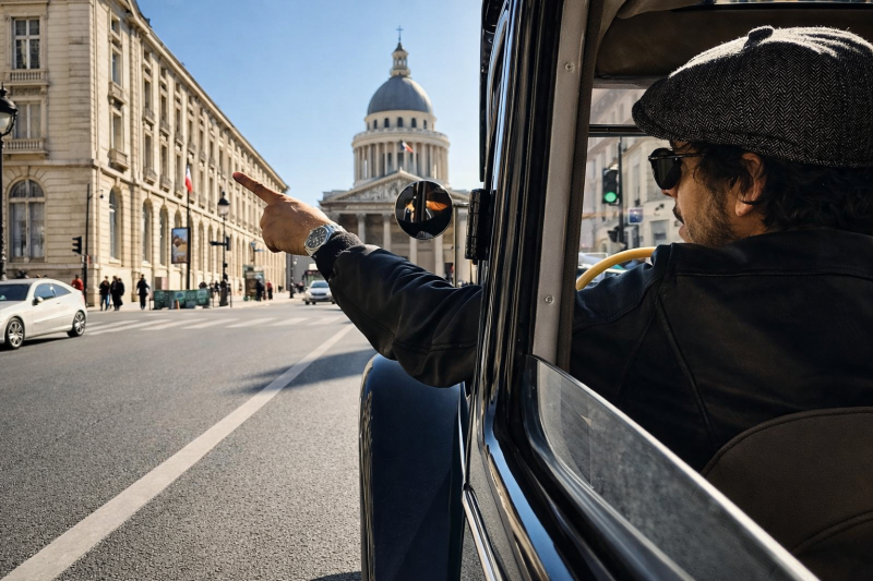 POV in the back of a Citroën Traction, discovering the Pantheon